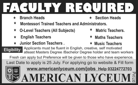 American Lyceum Lahore Jobs 2014 July for Teaching & Non-Teaching Staff