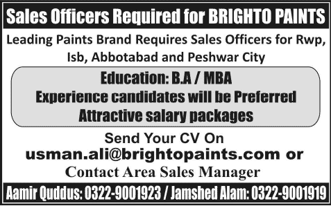 Sales Officer Jobs in Brighto Paints 2014 July Latest