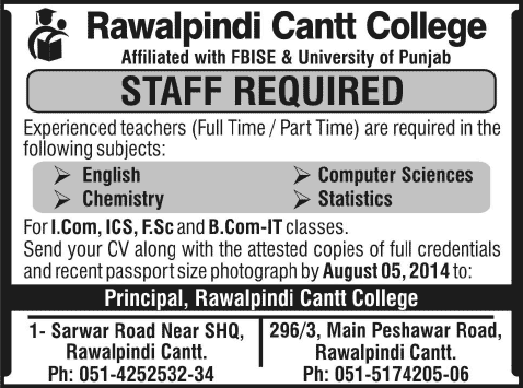 Rawalpindi Cantt College Jobs 2014 July for Teaching Faculty