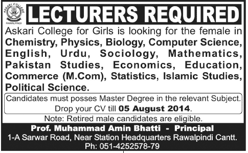 Askari College Rawalpindi Jobs 2014 July for Female Lecturers / Teaching Faculty