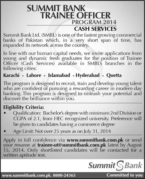 Trainee Officer Jobs in Summit Bank 2014 August Latest