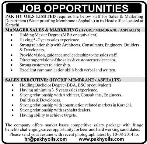 Pak Hy Oils Limited Karachi Jobs 2014 August Sales & Marketing Manager / Executive