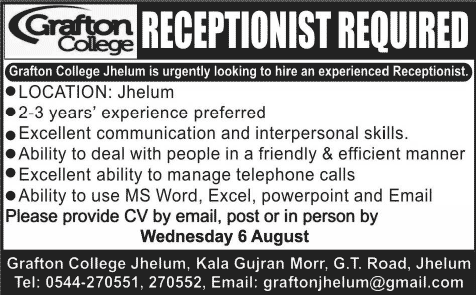 Receptionist Jobs in Jhelum 2014 August at Grafton College