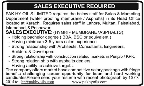 Sales Executive Jobs in Pakistan 2014 August at Pak Hy Oils Ltd