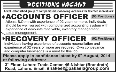 Accounts & Recovery Officer Jobs in Lahore 2014 August at Pak Asia Group