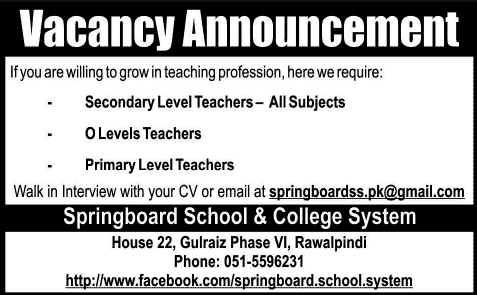 Teaching Jobs in Rawalpindi 2014 August at Springboard School & College System