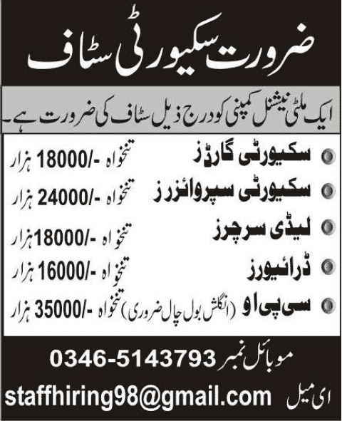 Security Guard / Supervisor, Lady Searches, Driver & CPO Jobs in Pakistan 2014 August
