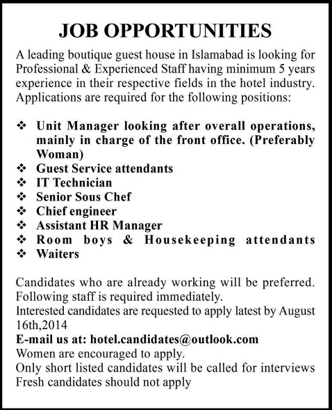 Hotel Jobs in Islamabad 2014 August for a Boutique Guest House