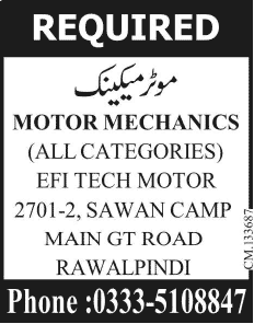 Motor Mechanic Jobs in Rawalpindi 2014 August at EFI Tech Motors