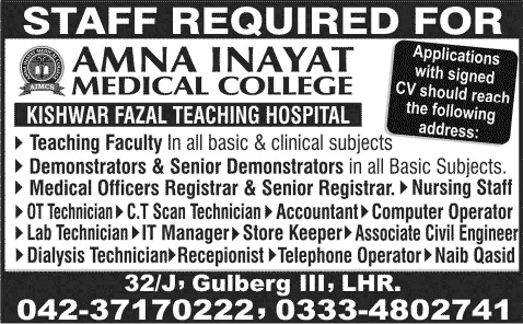 Amna Inayat Medical College Lahore Jobs 2014 August Kishwar Fazal Teaching Hospital