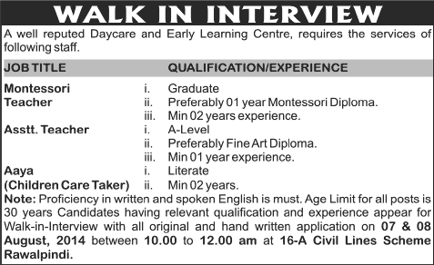 Montessori / Assistant Teacher & Aya Jobs in Rawalpindi 2014 August at Daycare & Early Learning Centre