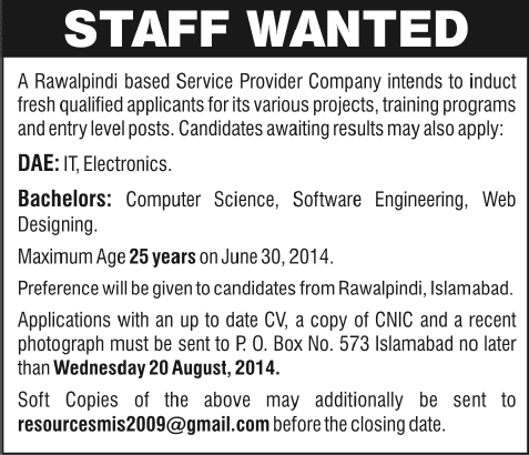 DAE & Fresh Graduates Jobs in Rawalpindi 2014 August PO Box 573 Islamabad