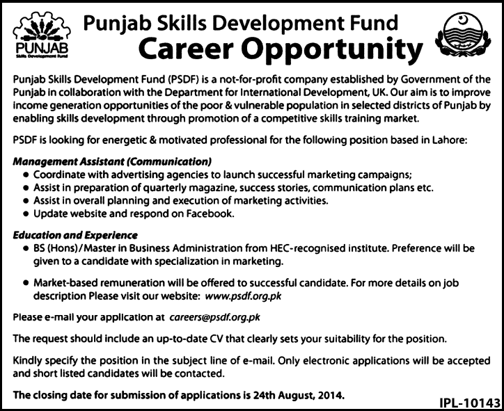 Punjab Skills Development Fund Lahore Jobs 2014 August for Management Assistant