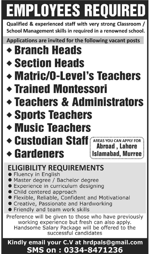 School Jobs in Lahore / Islamabad / Murree / Abroad 2014 August for Teaching Faculty & Admin Staff