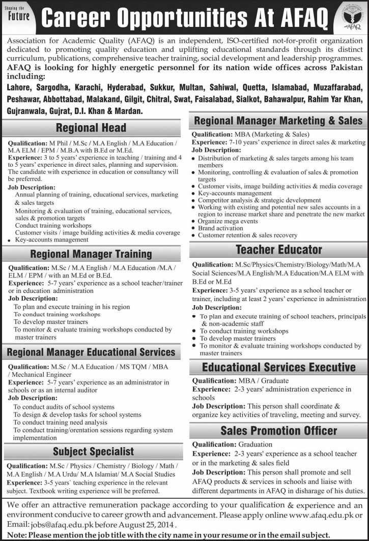 AFAQ Jobs 2014 August Association for Academic Quality Latest Advertisement