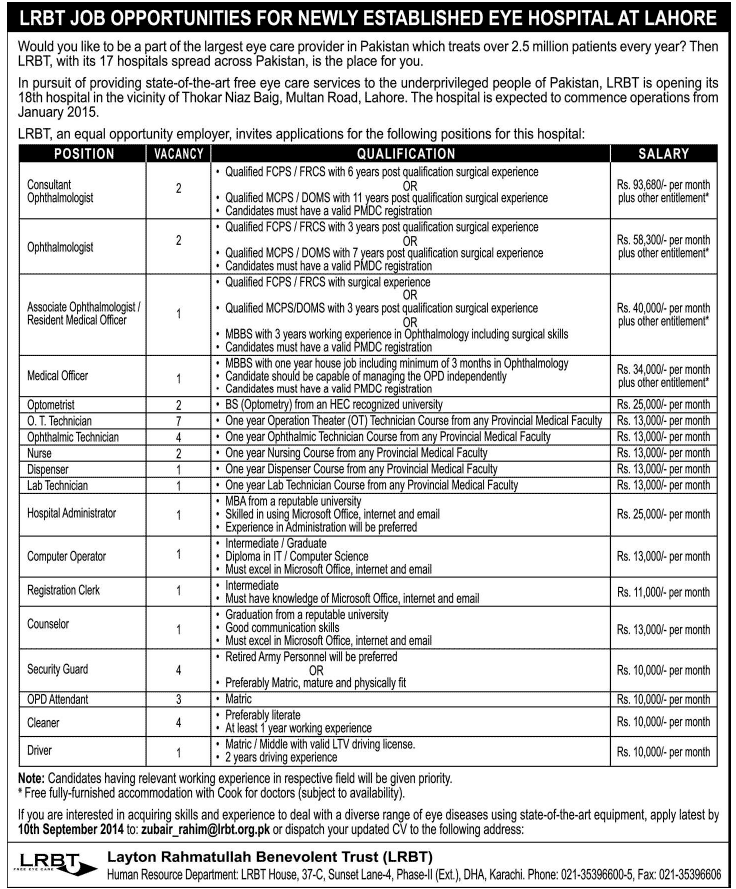 LRBT Lahore Jobs 2014 August for Medical & Paramedical Staff at New Eye Hospital
