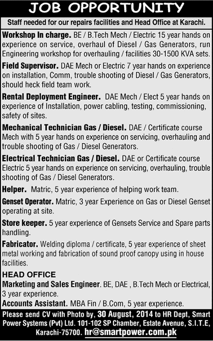 Smart Power Systems (Pvt.) Ltd Karachi Jobs 2014 August for DAE Electrical / Mechanical Engineers & Other Staff