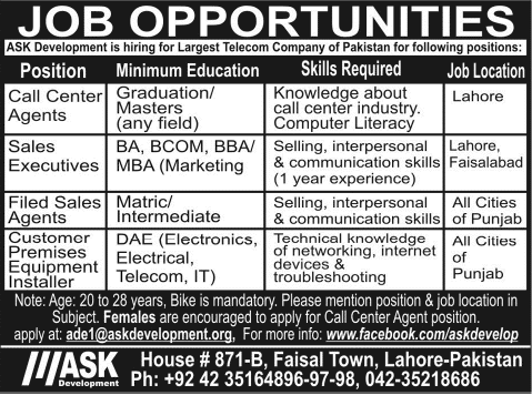Ask Development Lahore Jobs 2014 August for Call Center Agents, Sales Executives & Other Staff