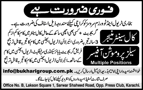 Bukhari Travel & Tourism Services Karachi Jobs 2014 August for Call Center Manager & Sales Promotion Officer