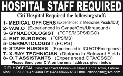 Citi Hospital Lahore Jobs 2014 August for Medical Officers, Nurses & Medical Technical Staff