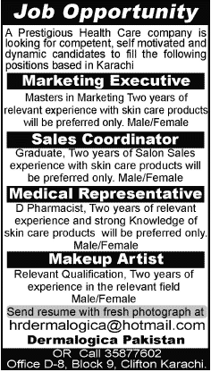 Dermalogica Pakistan Jobs 2014 August for Pharmacist, Makeup Artist, Sales & Marketing Staff