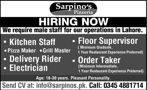Sarpino's Pizza Lahore Jobs 2014 August for Kitchen Staff, Electrician, Order Taker & Other Staff