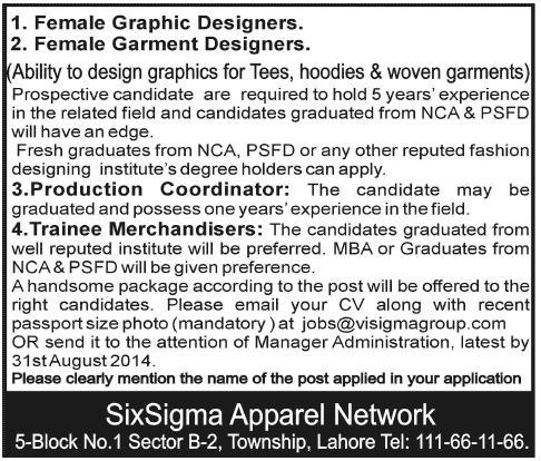 Sixsigma Apparel Network Lahore Jobs 2014 August for Garments / Graphic Designer & Other Staff