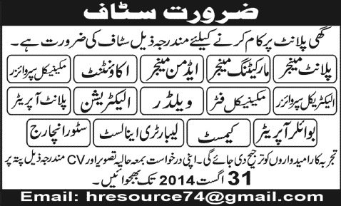 Managers, Admin, Engineers & Technical Staff Jobs in Pakistan 2014 August for Ghee Plant