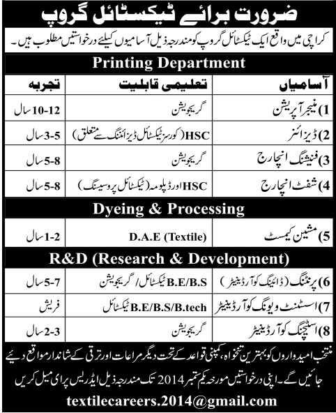 Textile Jobs in Karachi 2014 August for Textile Engineers, Manager Operation, Designer & Other Staff