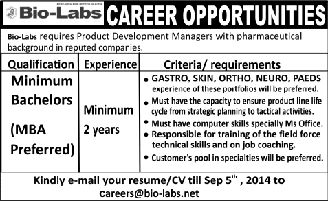 Bio Labs Pvt Ltd Islamabad Jobs 2014 August for Product Development Manager in Pharmaceutics