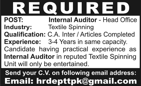 Internal Auditor Jobs in Lahore 2014 August for Textile Spinning Unit