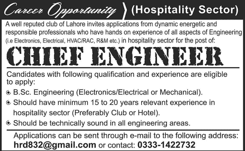 Electrical / Mechanical Engineering Jobs in Lahore 2014 August for Five Star Hotel