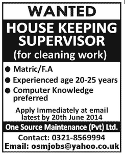 Housekeeping Supervisor Jobs in Lahore 2014 August at One Source Maintenance (Pvt) Ltd