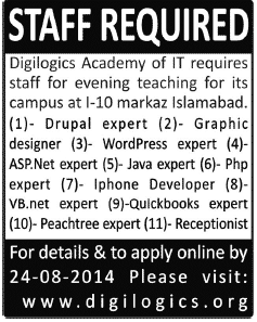 Digilogics Academy Islamabad Jobs 2014 August for Computer Science Instructors, Software Experts & Receptionist