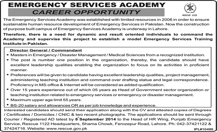 Emergency Services Academy Lahore Jobs 2014 August for Director General (DG) / Commandant