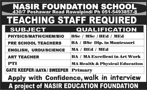 Nasir Foundation School Rawalpindi Jobs 2014 August for Teaching Faculty & Non-Teaching Staff