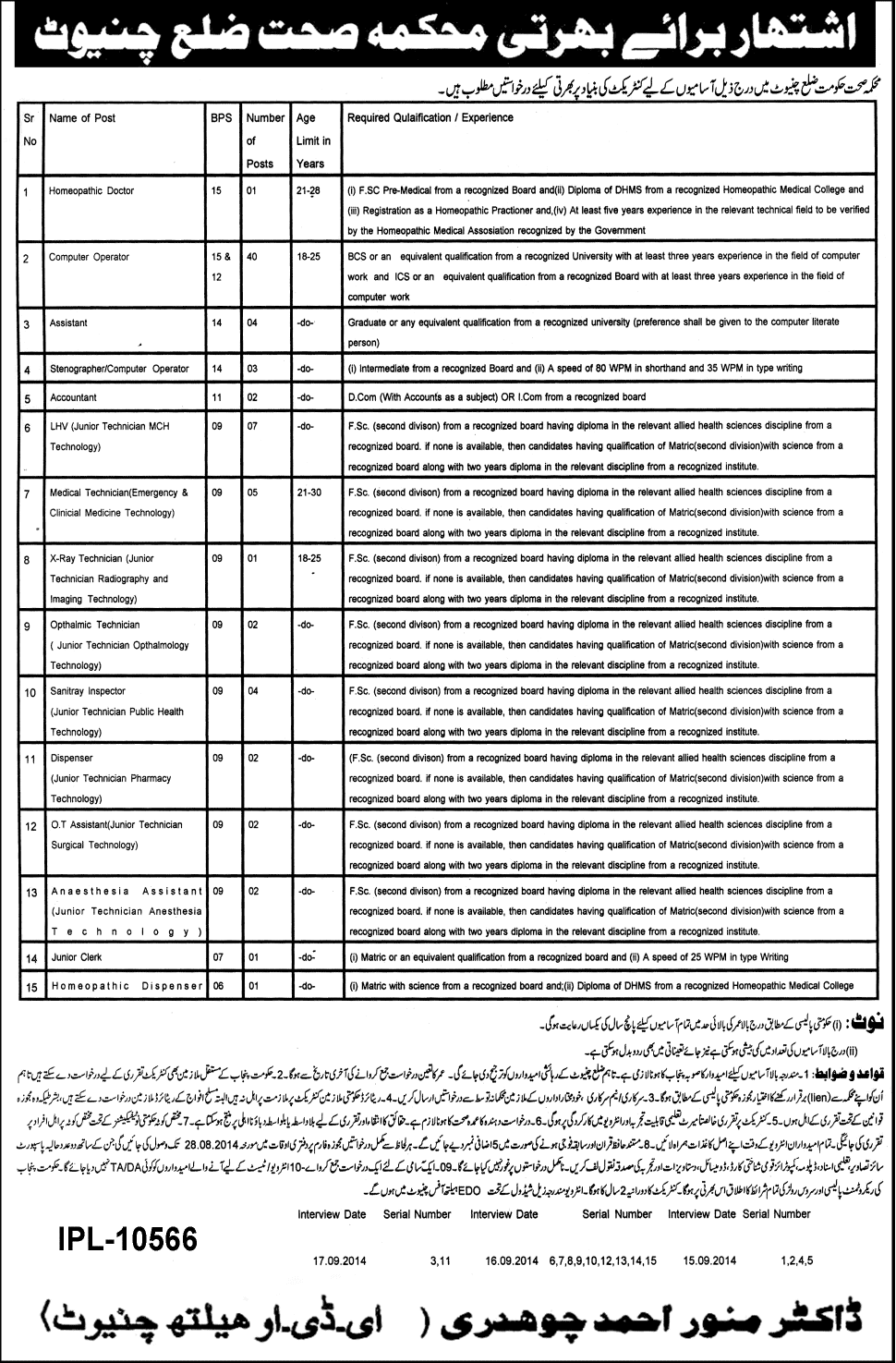 Health Department Chiniot Jobs 2014 August for Computer Operators, Paramedics & Staff