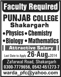 Punjab College Shakargarh Jobs 2014 August for Teaching Faculty