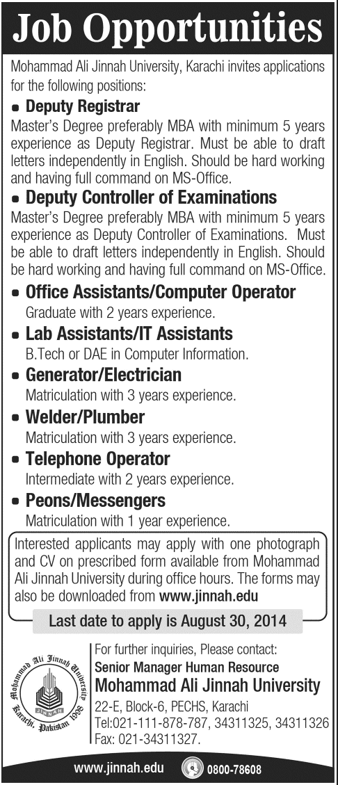 MAJU Karachi Jobs 2014 August  Latest for Administrative Staff