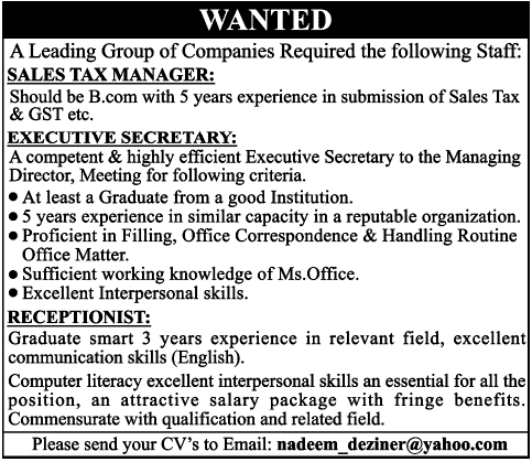 Tax Manager, Executive Secretary & Receptionist Jobs in Karachi 2014 August