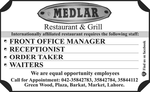 Medlar Restaurant Lahore Jobs 2014 August Front Desk Manager, Receptionist & Waiters