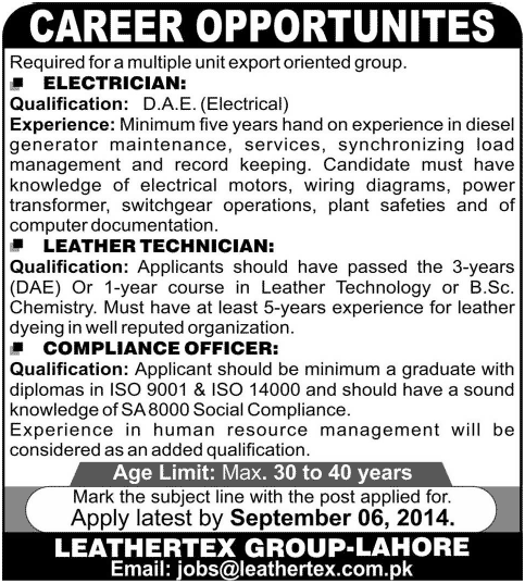Leathertex Jobs 2014 August in Lahore for Electrician, Leather Technician & Compliance Officer