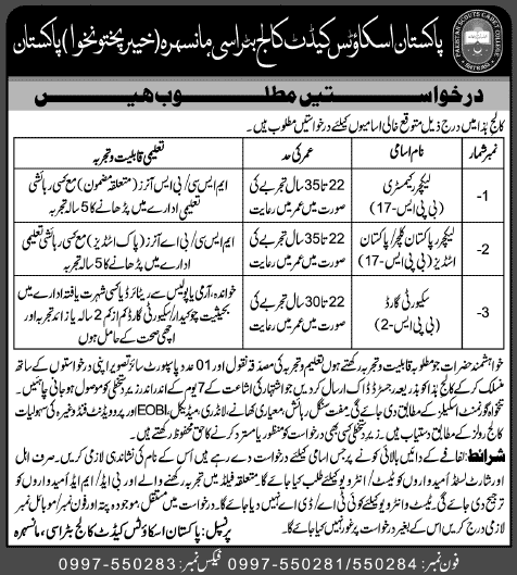 Pakistan Scouts Cadet College Batrasi Jobs 2014 August in KPK for Lecturers & Security Guard