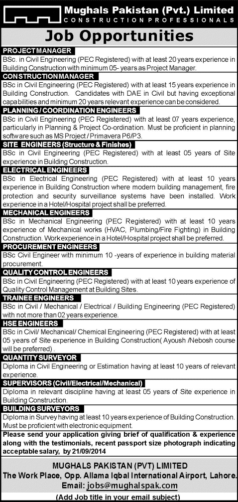 Mughals Pakistan Pvt. Ltd Lahore Jobs 2014 August / September Construction Company