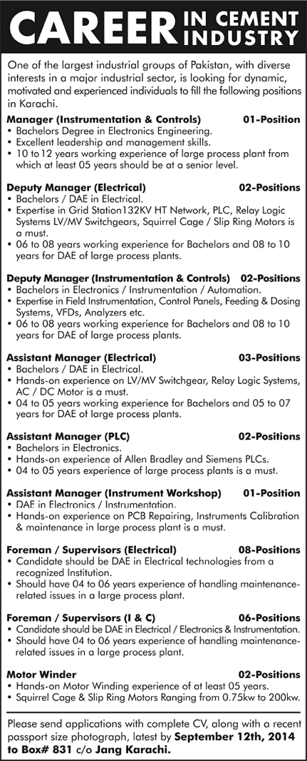 Cement Industry Jobs in Pakistan 2014 August / September for Engineers & Technician