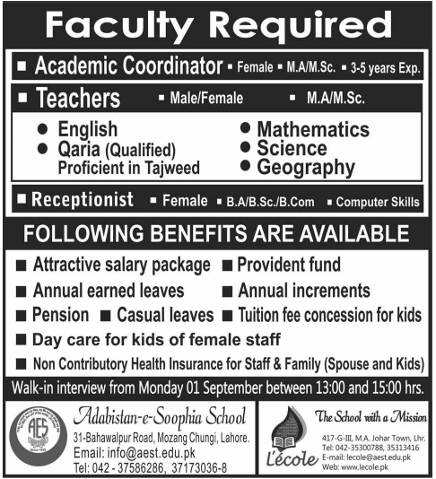 Adabistan-e-Soophia School Lahore Jobs 2014 August / September for Teaching Faculty & Admin Staff