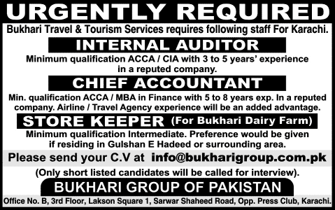 Internal Auditor, Accountant & Store Keeper Jobs in Karachi 2014 August / September at Bukhari Travel & Tourism Services