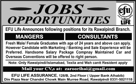 Fresh Graduates Jobs in Rawalpindi 2014 August / September at EFU Life Assurance