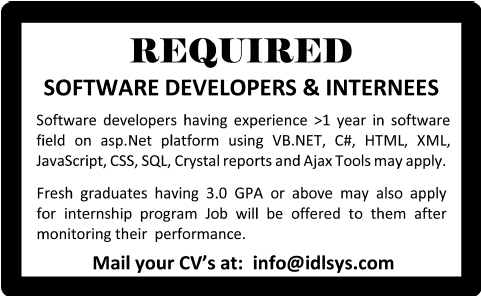 Software Developers / Internees Jobs in Karachi 2014 September at Ideal Systems