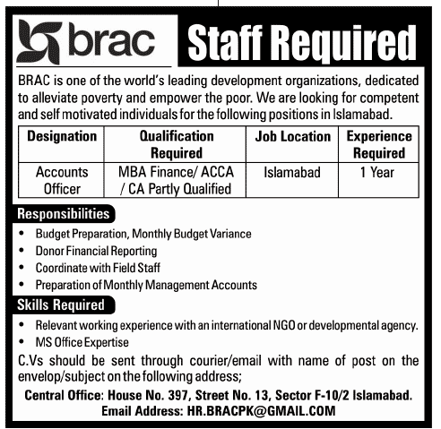 Brac Pakistan Jobs 2014 September in Islamabad for Accounts Officer